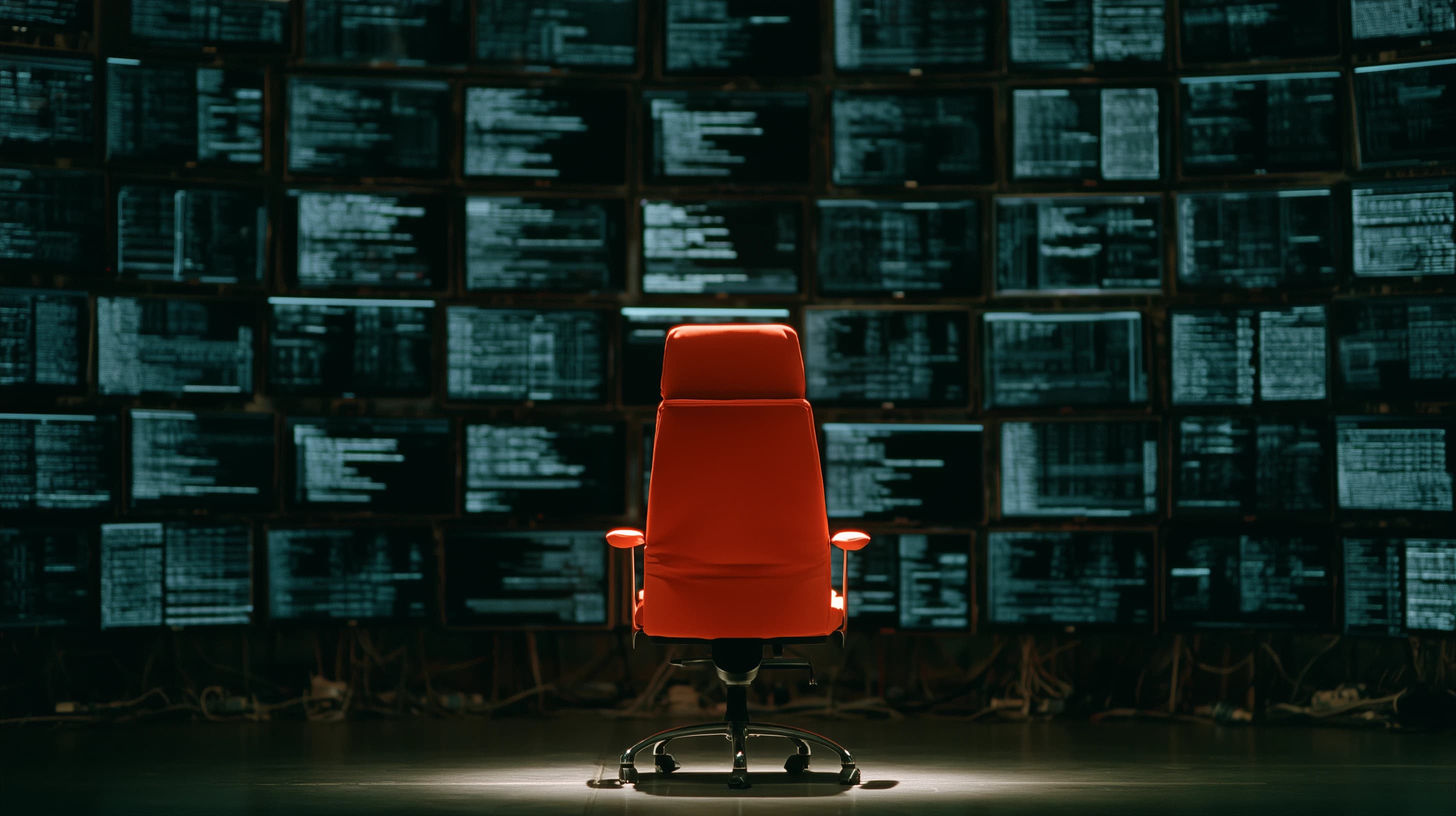 Ein leerer roter Bürostuhl in einem dunklen Raum vor einer großen Wand aus Monitoren, auf denen Code läuft.